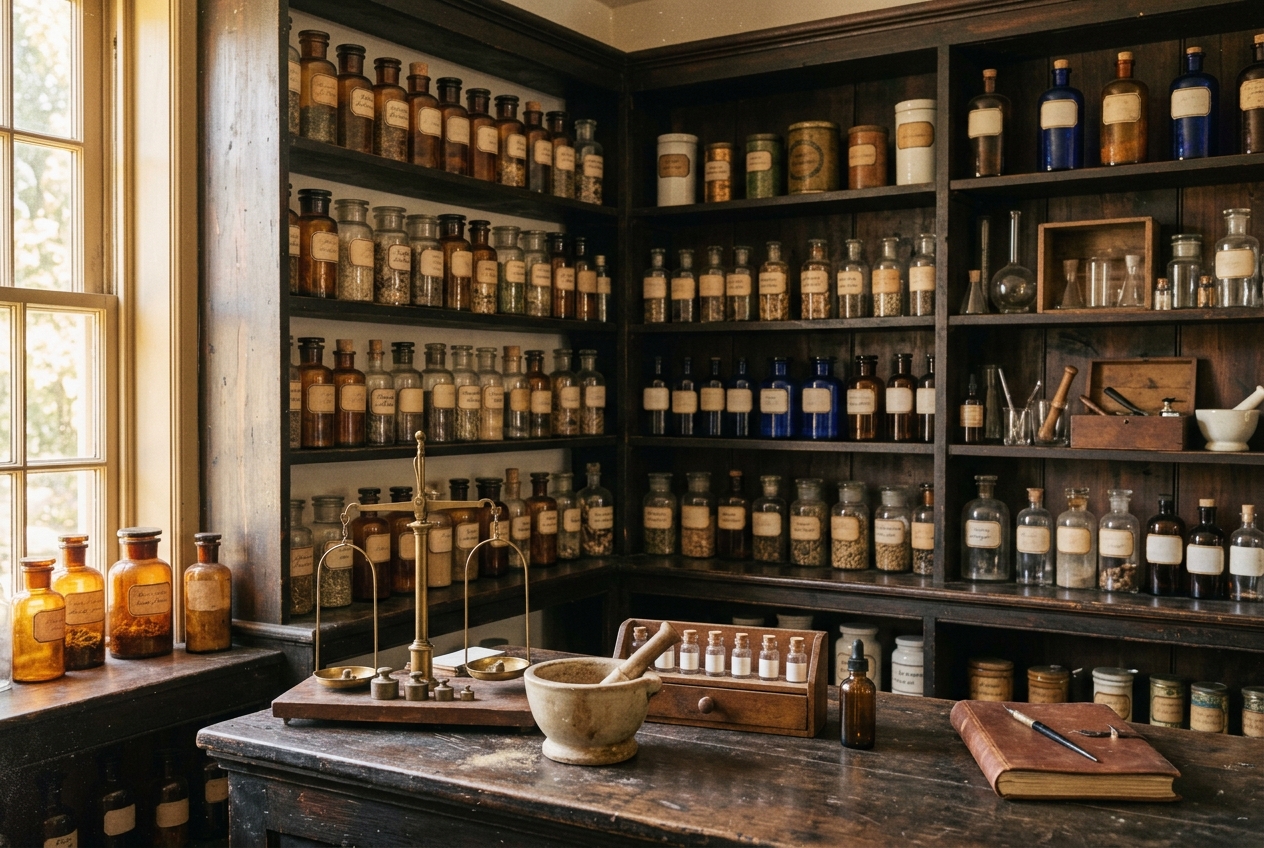 A vintage corner apothecary with apothecary jars and a wooden dispensing counter