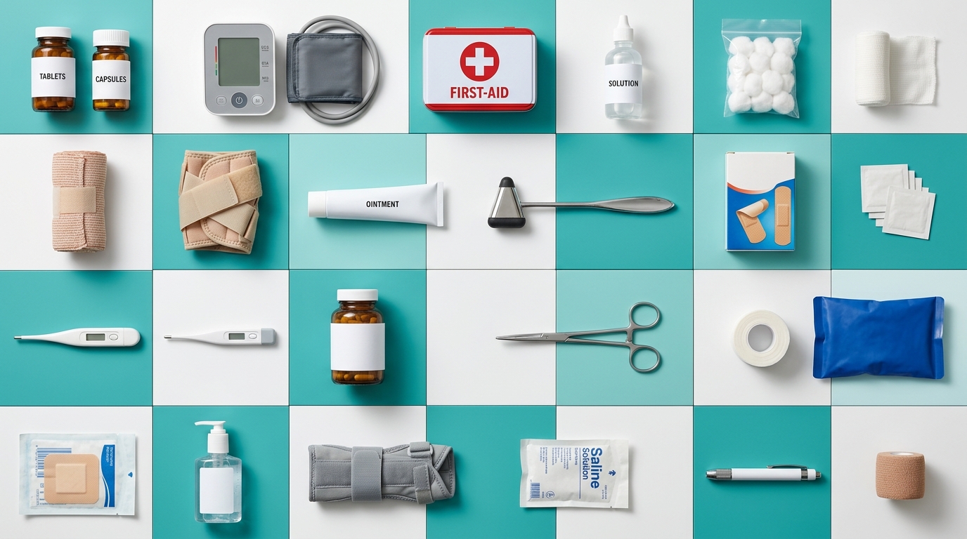 A clean, bright directory of emerging medical and healthcare brands on a clinical studio surface